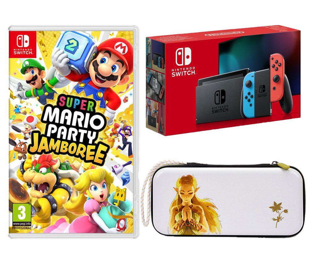 Nintendo Switch (Neon Red & Blue), Super Mario Party Jamboree & Princess Zelda Slim Travel Pro Nintendo Switch Case Bundle, Red,Blue