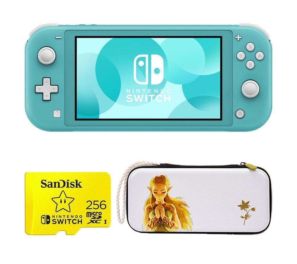 Nintendo Switch Lite (Turquoise), 256 GB Memory Card & Princess Zelda Slim Travel Pro Nintendo Switch Case Bundle, Blue