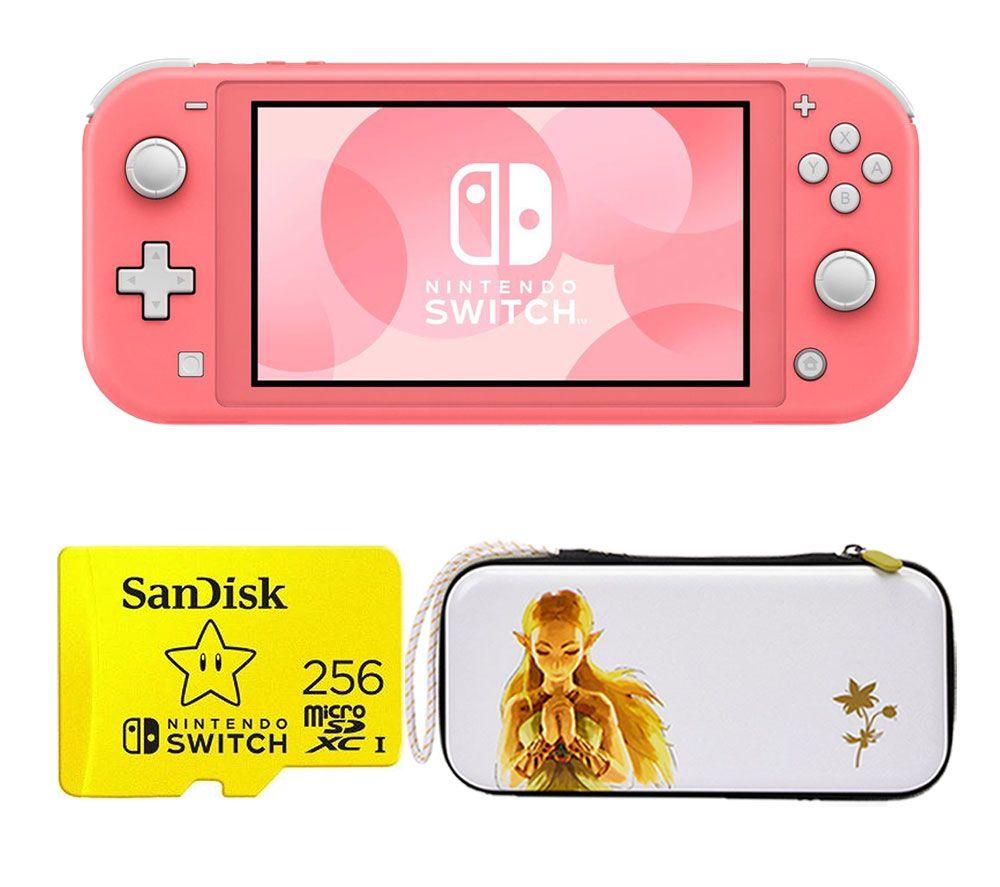 Nintendo Switch Lite (Coral), 256 GB Memory Card & Princess Zelda Slim Travel Pro Nintendo Switch Case Bundle, Pink