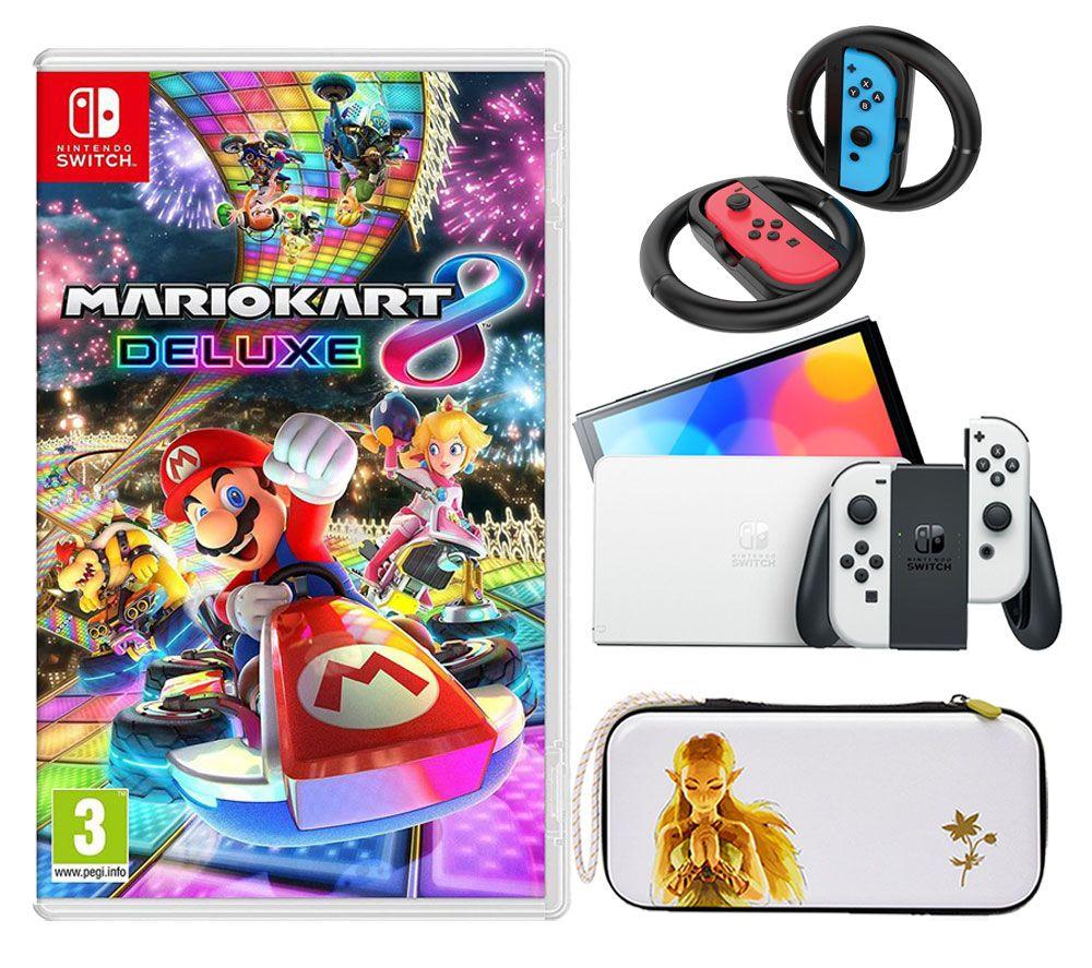 NINTENDO Switch OLED, Mario Kart 8 Deluxe, Joy-Con Racing Wheels & Princess Zelda Slim Travel Pro Nintendo Switch Case Bundle, White