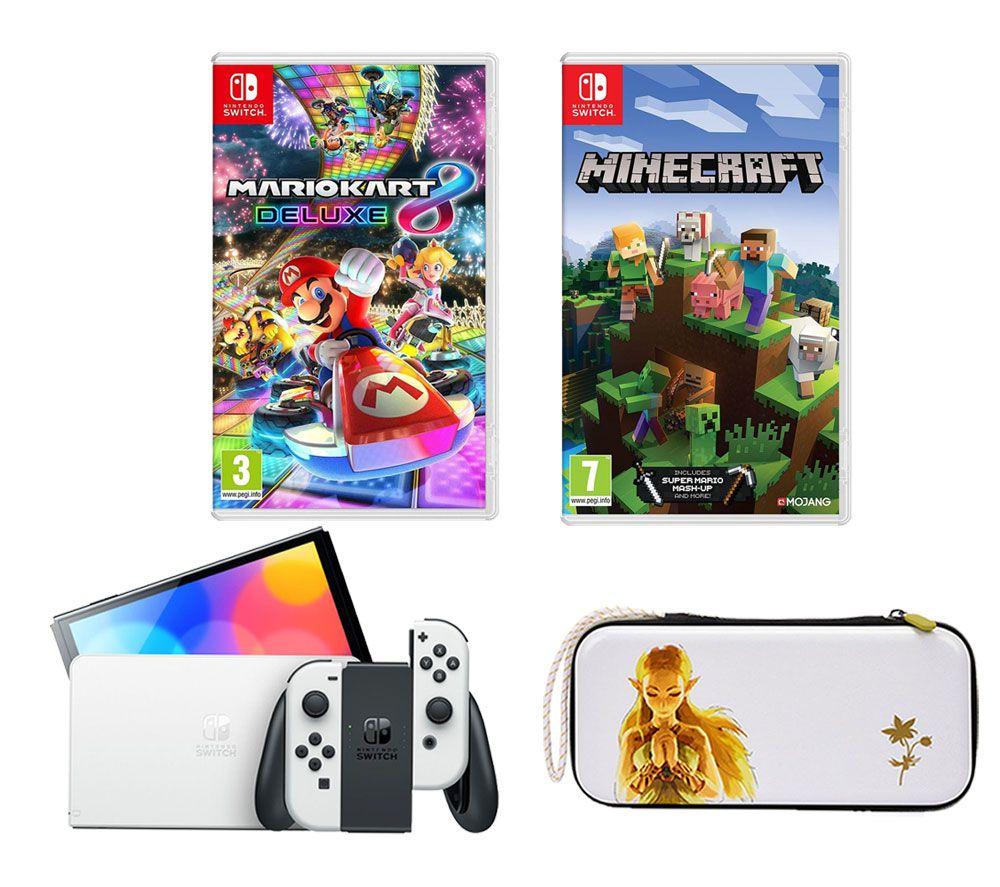 NINTENDO Switch OLED, Mario Kart 8 Deluxe, Minecraft & Princess Zelda Slim Travel Pro Nintendo Switch Case Bundle, White