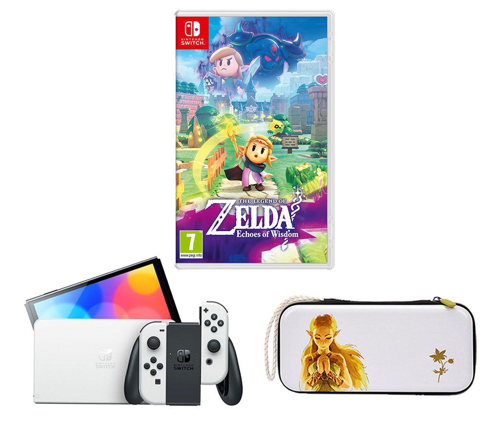 NINTENDO Switch OLED, The Legend of Zelda: Echoes of Wisdom & Princess Zelda Slim Travel Pro Nintendo Switch Case Bundle, White