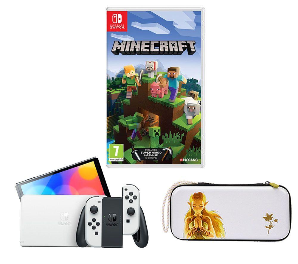 NINTENDO Switch OLED, Minecraft & Princess Zelda Slim Travel Pro Nintendo Switch Case Bundle, White