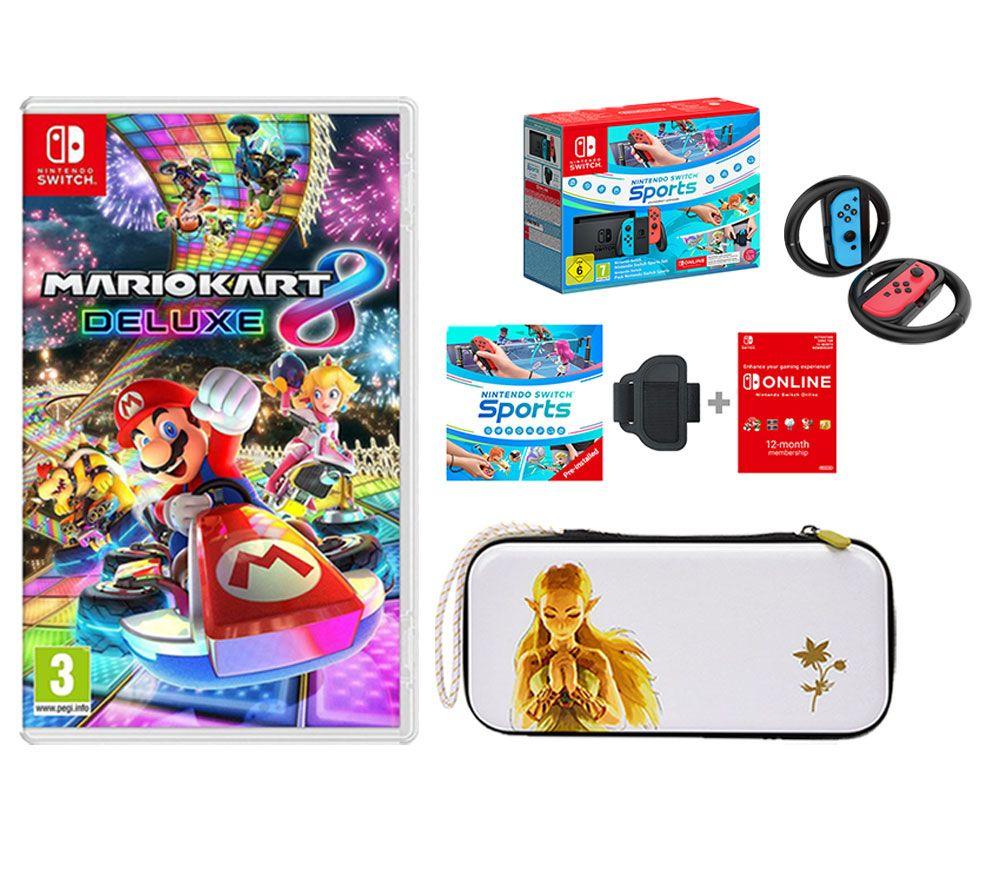 NINTENDO Switch Neon Red & Blue, Sports, Mario Kart 8 Deluxe, Joy-Con Racing Wheels, Princess Zelda Slim Travel Pro Case & Nintendo Switch Online 12 Month Membership Bundle, Red,Blue