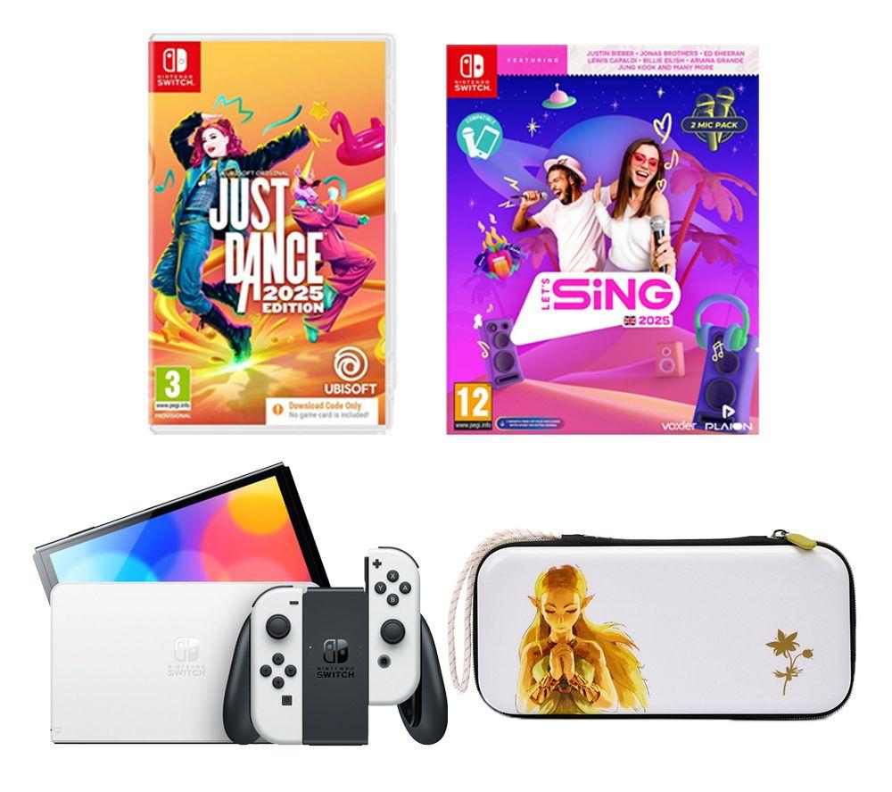 Buy NINTENDO Switch OLED White Let s Sing 2025 2 Microphones Just Dance 2025 Princess Zelda Case Bundle Currys