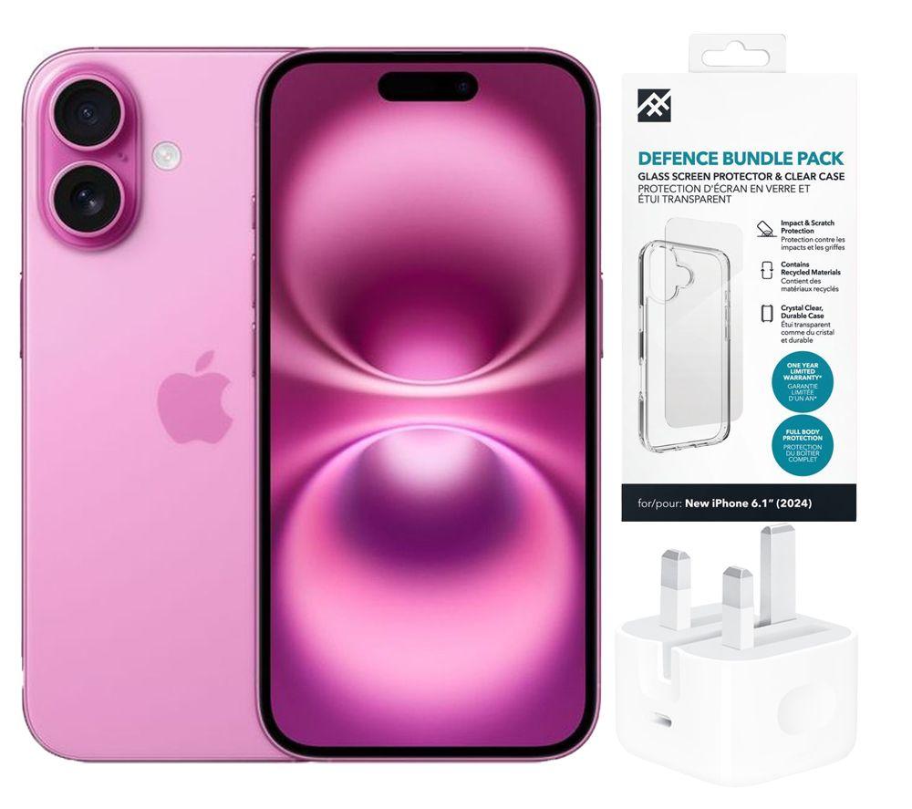APPLE iPhone 16 (128 GB, Pink), Clear Case, Screen Protector & 20W USB Type-C Power Adapter Bundle