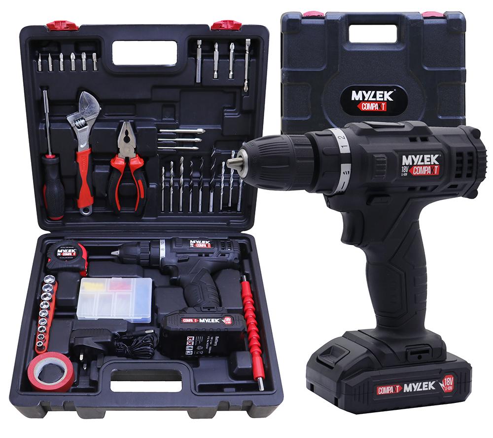 MYLEK MY90BMC 18V Cordless Drill & Accessory Set with Storage Case- Black