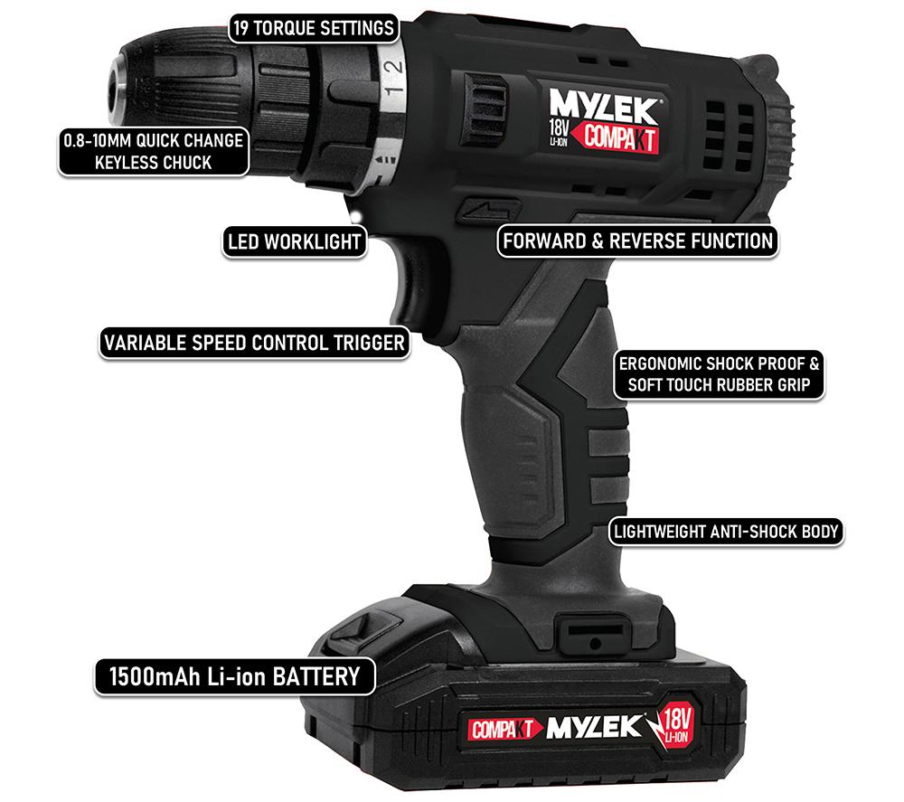 MYLEK 18 V Cordless Drill & Accessory Set with Storage Case - Black image number 3 of 9