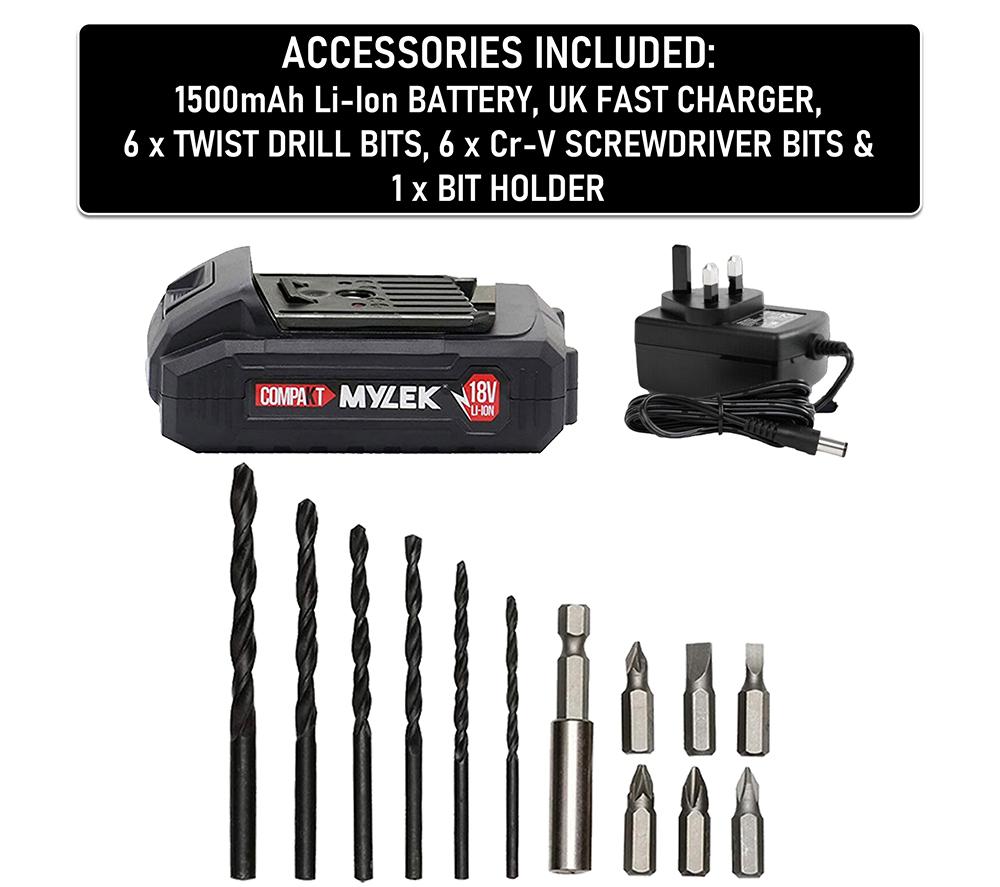 MYLEK 18 V Cordless Drill & Accessory Set with Storage Case - Black image number 4 of 9