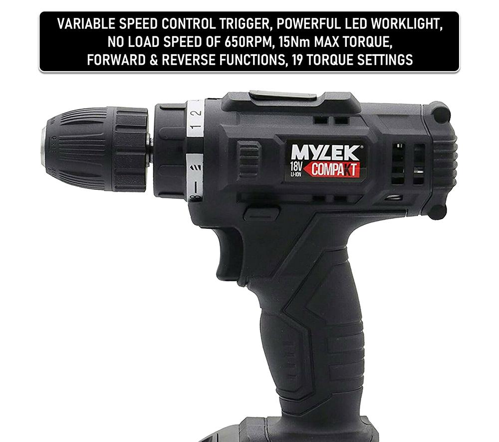 MYLEK 18 V Cordless Drill & Accessory Set with Storage Case - Black image number 5 of 9
