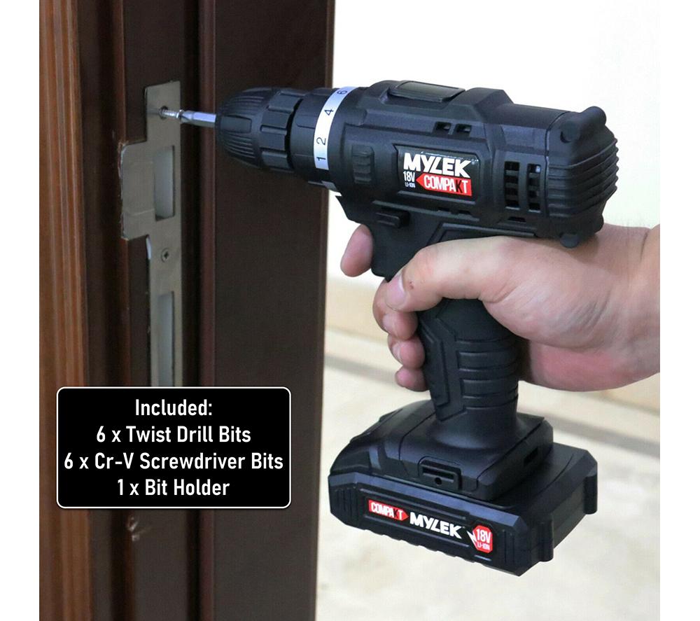 MYLEK 18 V Cordless Drill & Accessory Set with Storage Case - Black image number 7 of 9