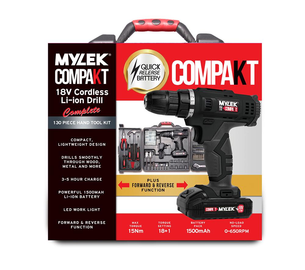 MYLEK 18 V Cordless Drill & Accessory Set with Storage Case - Black image number 8 of 9