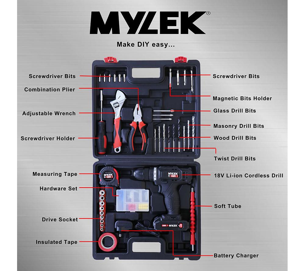 MYLEK 18 V Cordless Drill & Accessory Set with Storage Case - Black image number 9 of 9