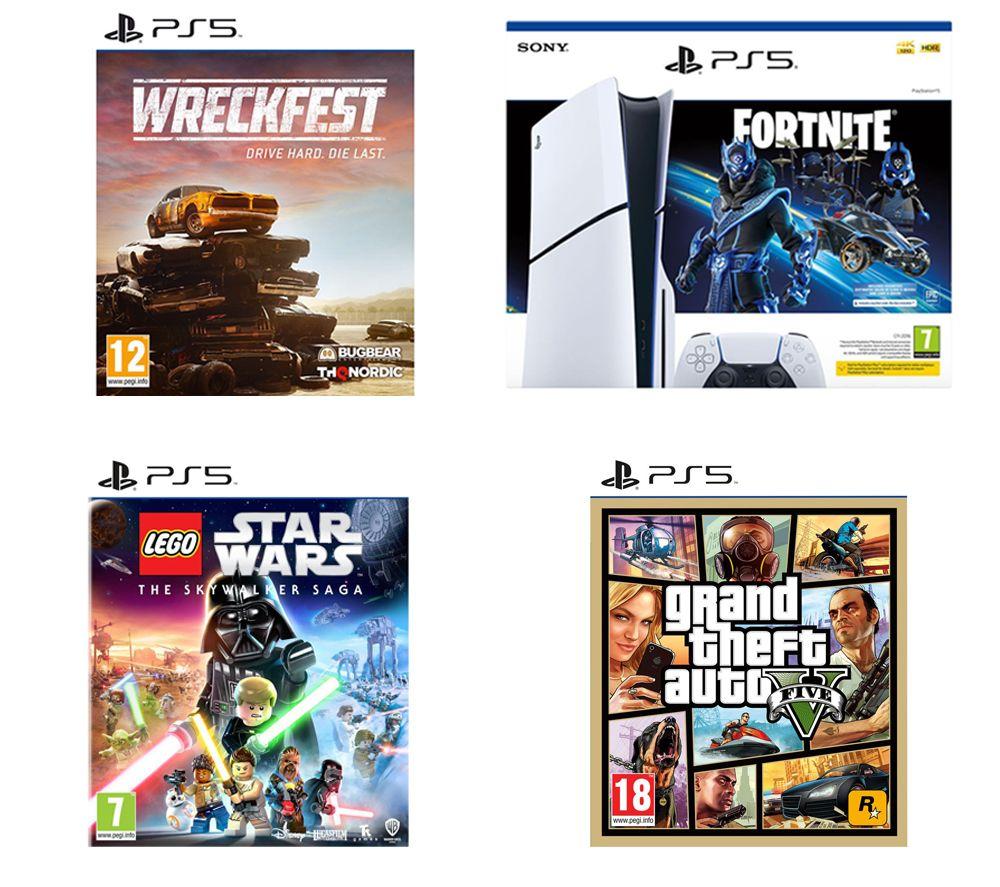 SONY PlayStation 5 Fortnite Cobalt Star Bundle (Model Group - Slim), Wreckfest, LEGO Star Wars: The Skywalker Saga & Grand Theft Auto V, White