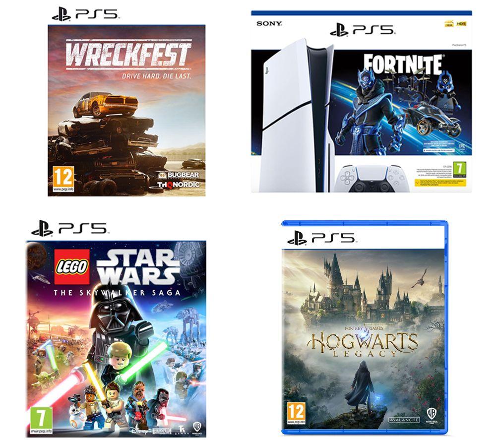 SONY PlayStation 5 Fortnite Cobalt Star Bundle (Model Group - Slim), Wreckfest, LEGO Star Wars: The Skywalker Saga & Hogwarts Legacy, White