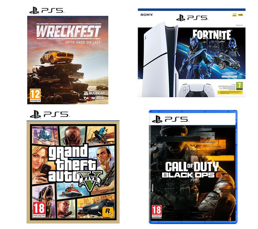 SONY PlayStation 5 Fortnite Cobalt Star Bundle (Model Group - Slim), Wreckfest, Call of Duty: Black Ops 6 & Grand Theft Auto V, White