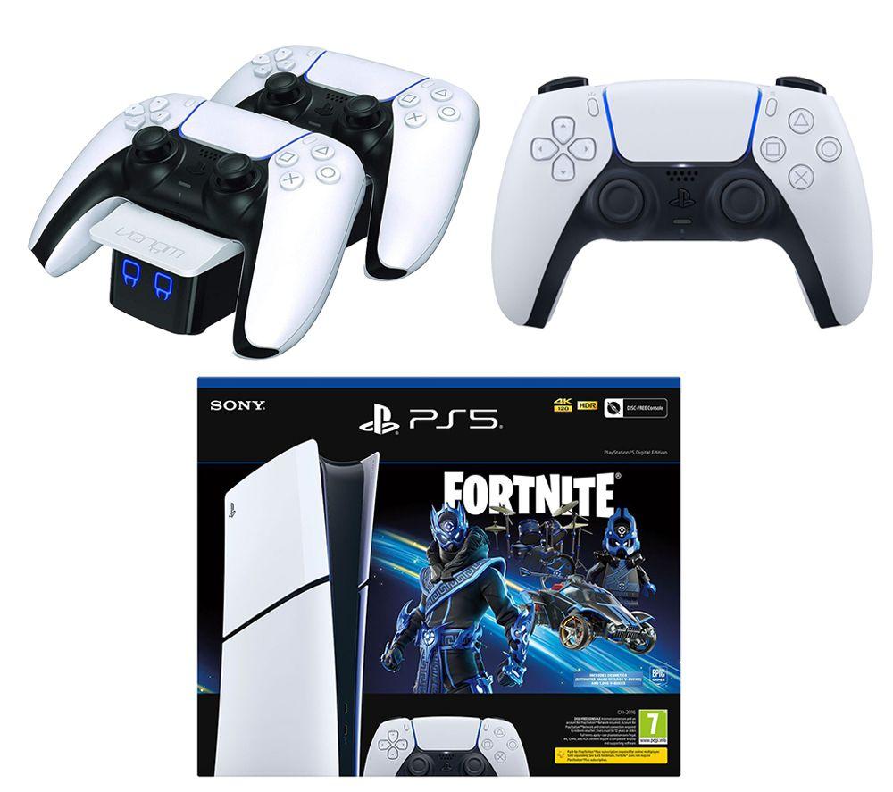 SONY PlayStation 5 Digital Edition (Model Group - Slim), Fortnite Cobalt Star, Controller & Twin Docking Station Bundle, White