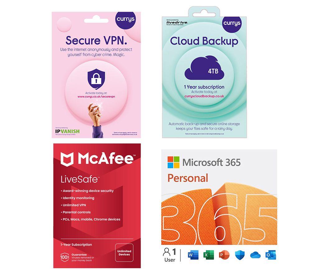 Microsoft 365 Personal (12 months (automatic renewal) for 1 user), Secure VPN (1 year subscription, Download), Cloud Backup (4 TB, 1 year) & LiveSafe (1 year for unlimited devices) Bundle