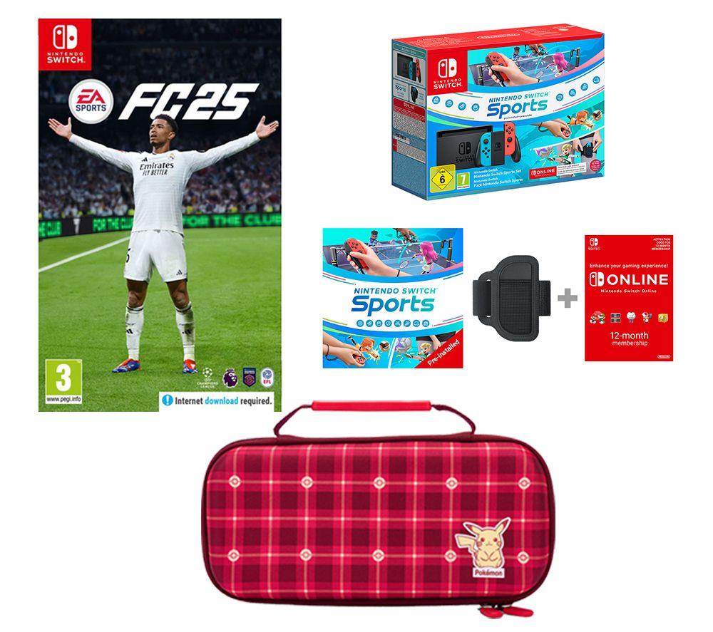 Nintendo Switch Neon Red & Blue, Sports, 12 Month Membership, EA Sports FC 25 & Pikachu Case Bundle, Red,Blue