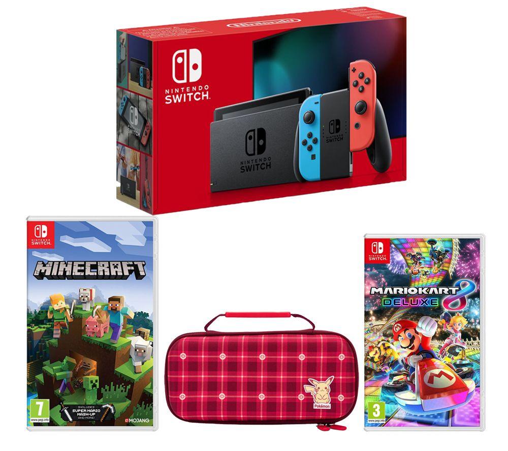 Buy NINTENDO Switch Neon Red Blue Mario Kart 8 Deluxe Minecraft Pikachu Plaid Case Bundle Currys