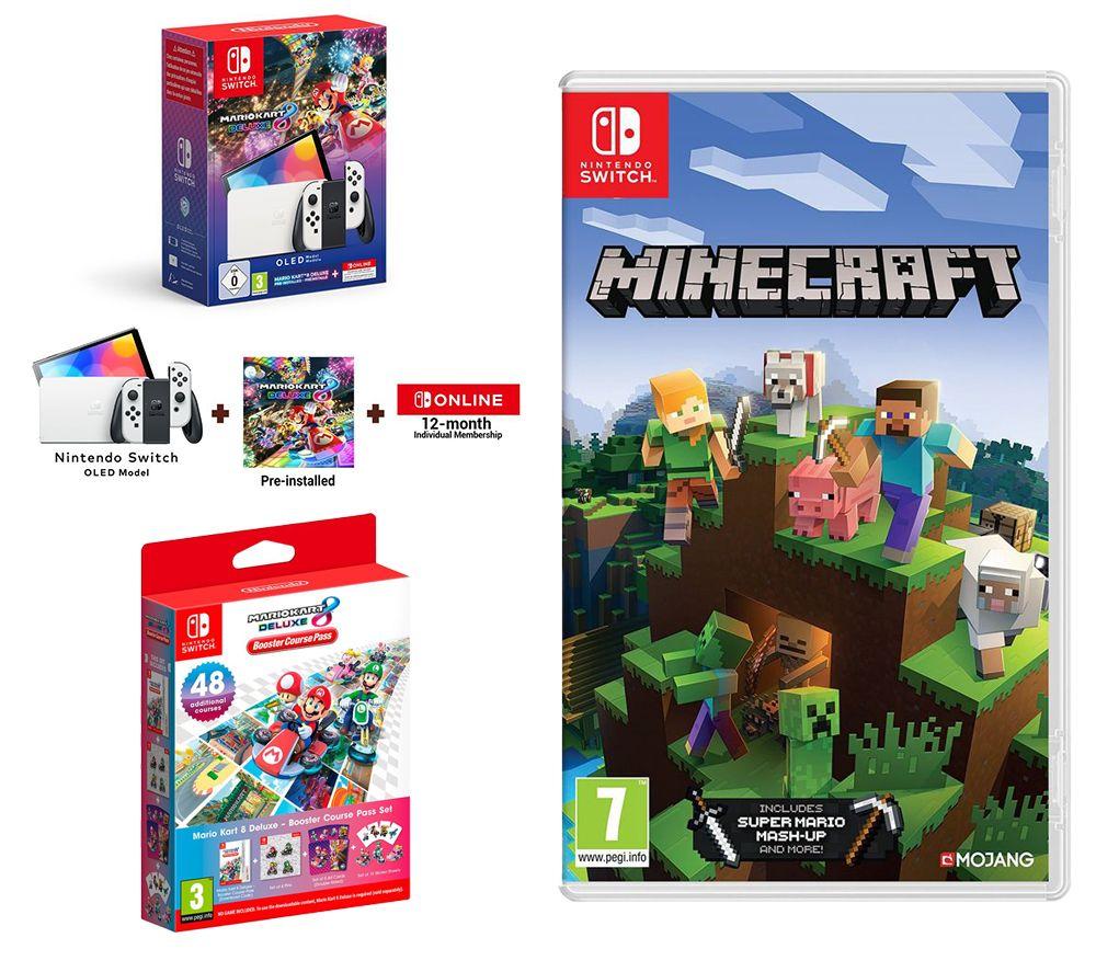 Nintendo Switch OLED White, Mario Kart 8 Deluxe & Booster Course Pass, Online 12 Month Membership & Minecraft Bundle, White