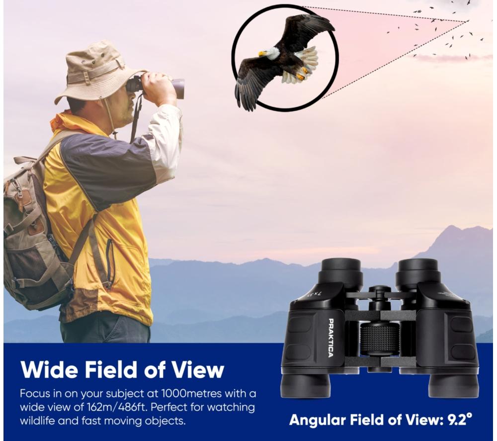 Praktica Falcon 7x50mm Porro Prism Field Black Binoculars - Full Coated Lenses, Sturdy Construction, Aluminum Chassis, Sharp Clear Image, Bird Watching, Sailing, Hiking, Sightseeing