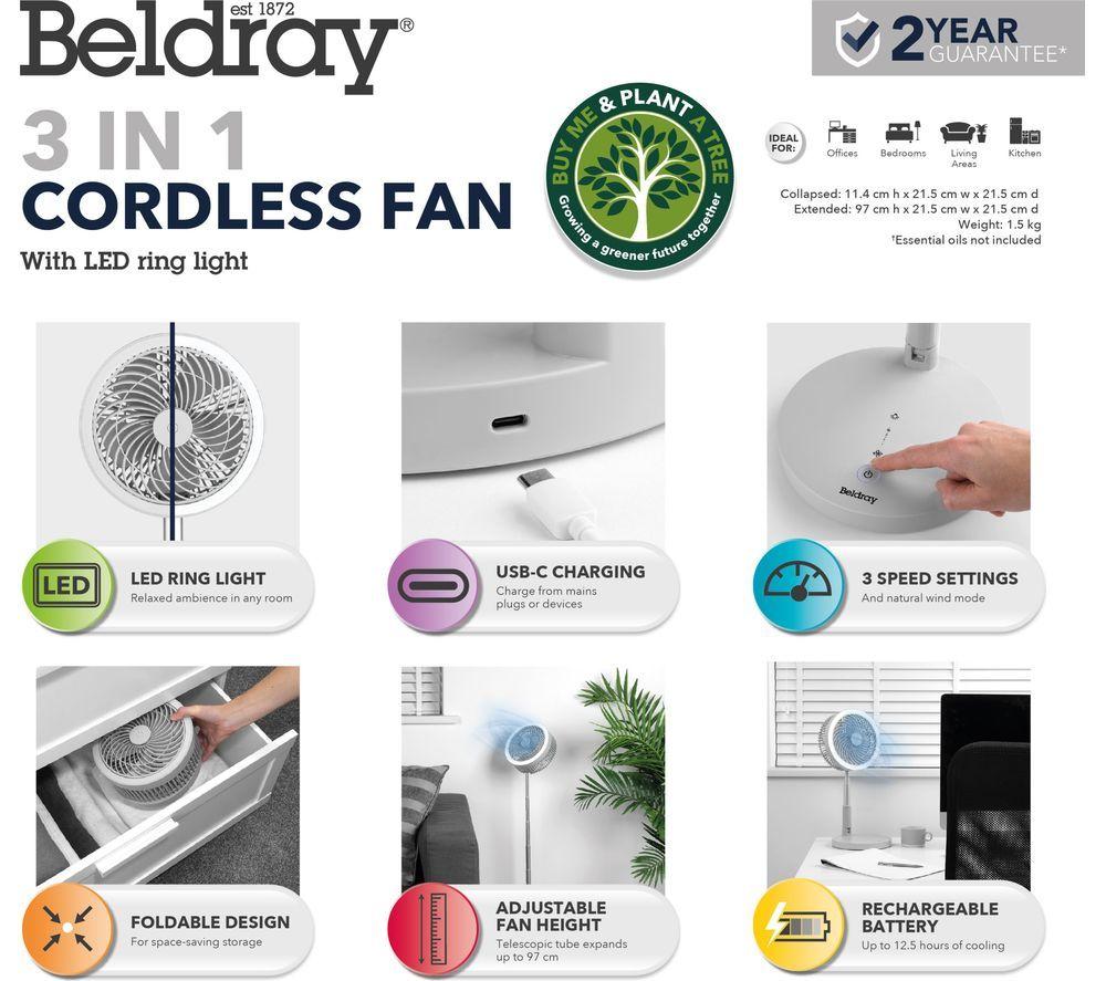 BELDRAY 3-in-1 LED Cordless Fan - Grey image number 5 of 6