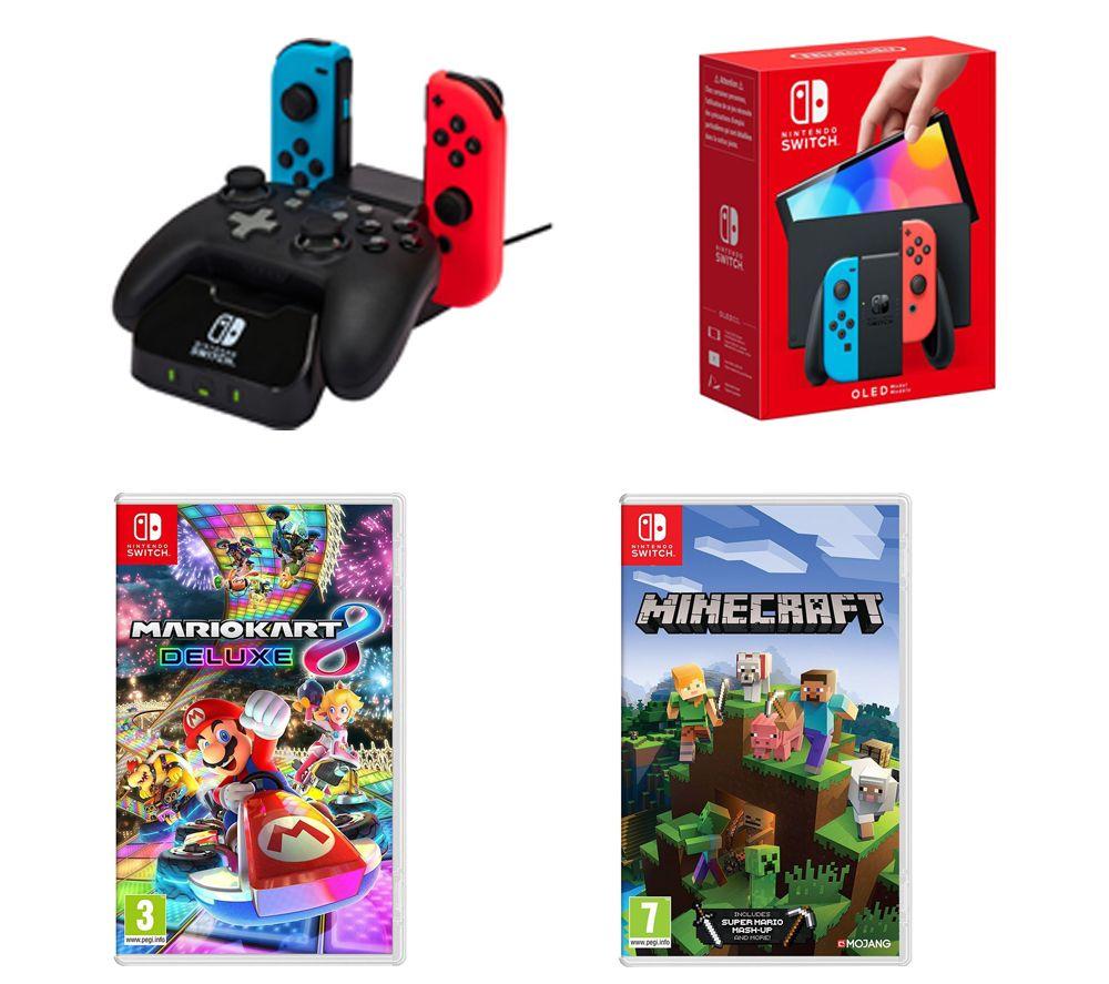 NINTENDO Switch OLED Neon Red & Blue, Mario Kart 8 Deluxe, Minecraft & Charging Station for Controllers Bundle