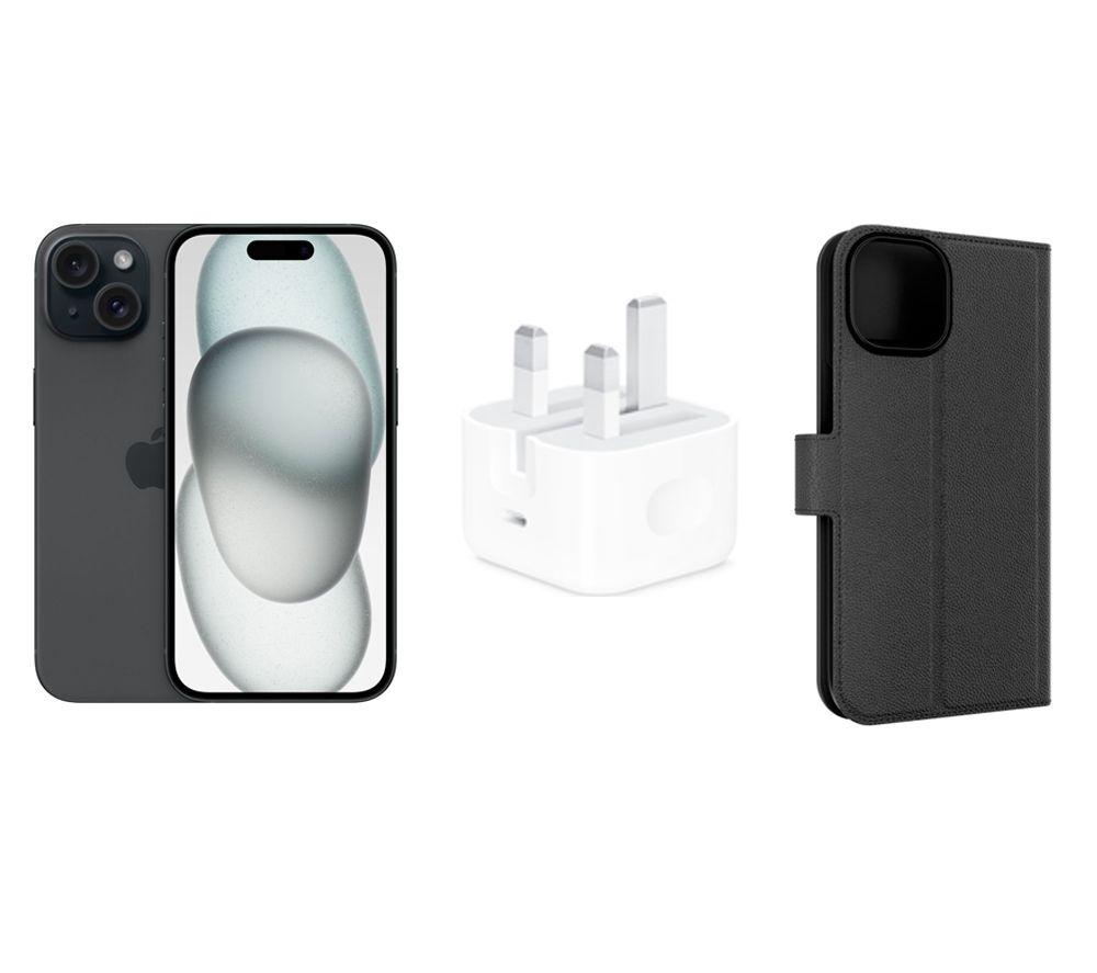 APPLE iPhone 15 (128 GB), Folio Case & 20 W USB Type-C Power Adapter Bundle - Black