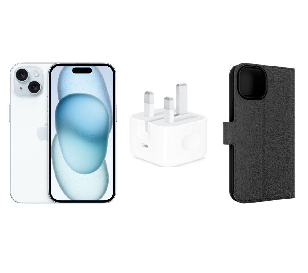 APPLE iPhone 15 (128 GB, Blue), Folio Case (Black) & 20 W USB Type-C Power Adapter Bundle