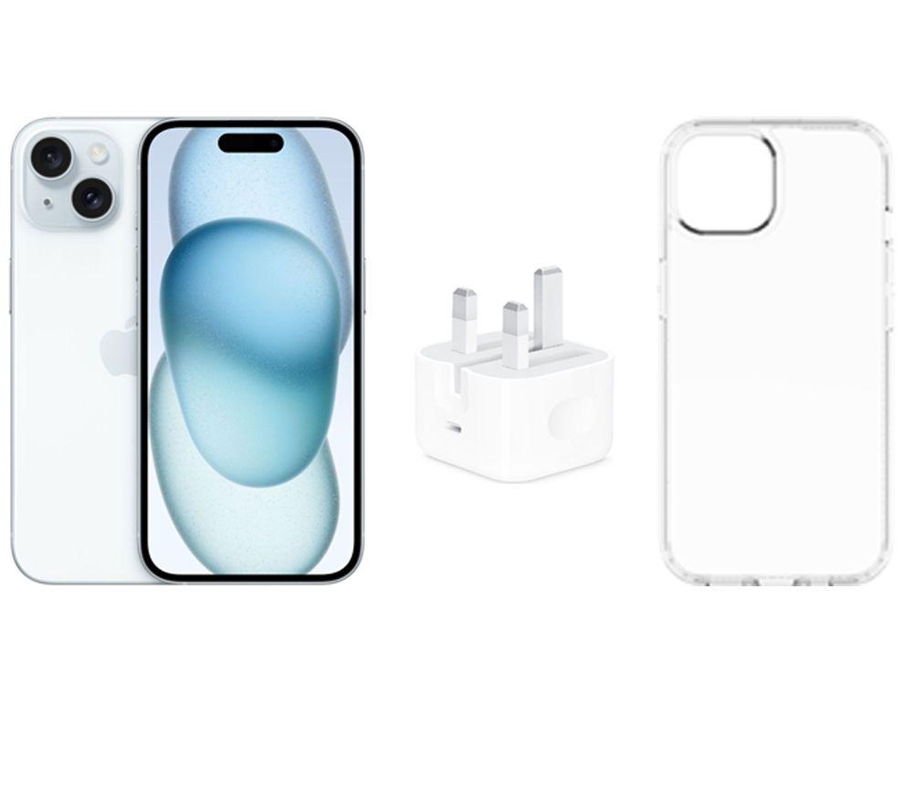APPLE iPhone 15 (128 GB, Blue), Clear Case & 20 W USB Type-C Power Adapter Bundle