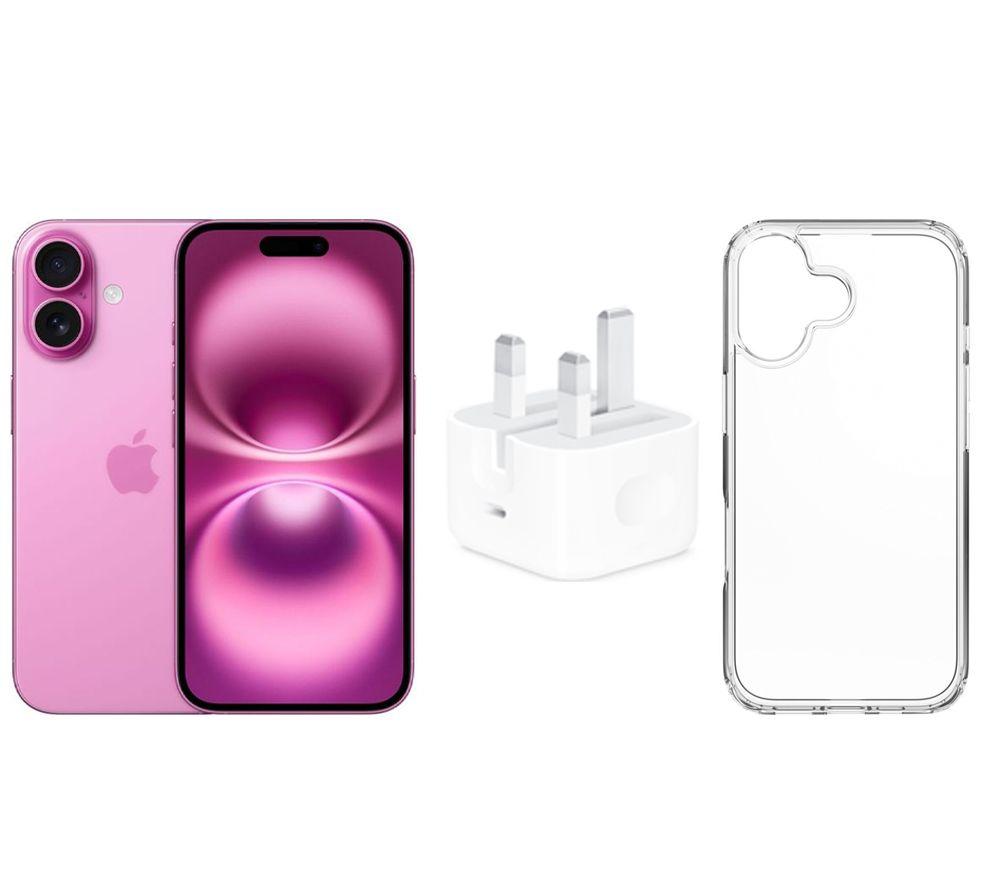 APPLE iPhone 16 (128 GB, Pink), 20 W USB Type-C Power Adapter & Clear Case Bundle
