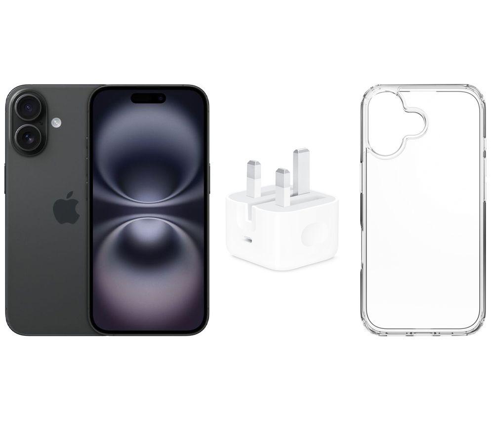 APPLE iPhone 16 (128 GB, Black), 20 W USB Type-C Power Adapter & Clear Case Bundle