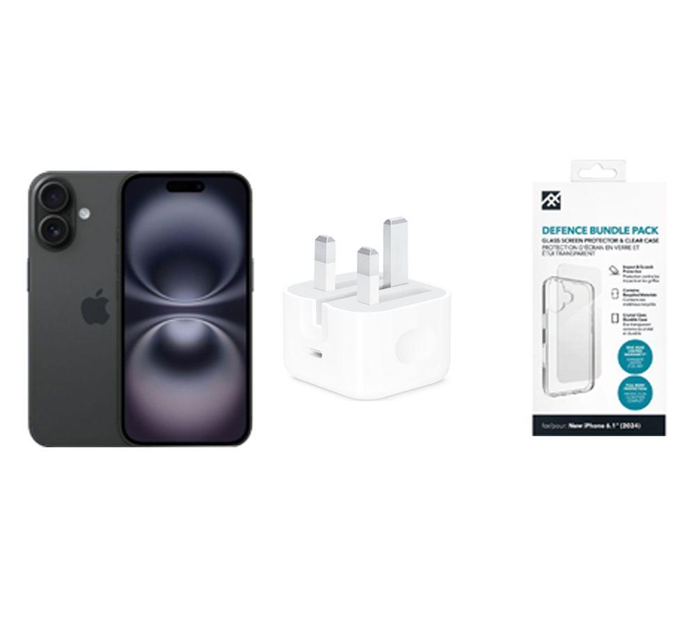 APPLE iPhone 16 (128 GB, Black), 20 W USB Type-C Power Adapter, Case & Screen Protector Bundle