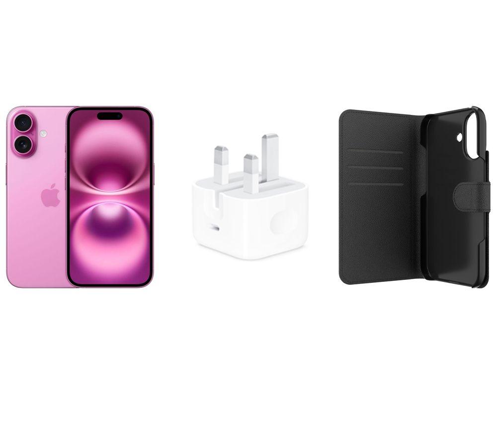 APPLE iPhone 16 (128 GB, Pink), 20 W USB Type-C Power Adapter & Folio Case (Black) Bundle