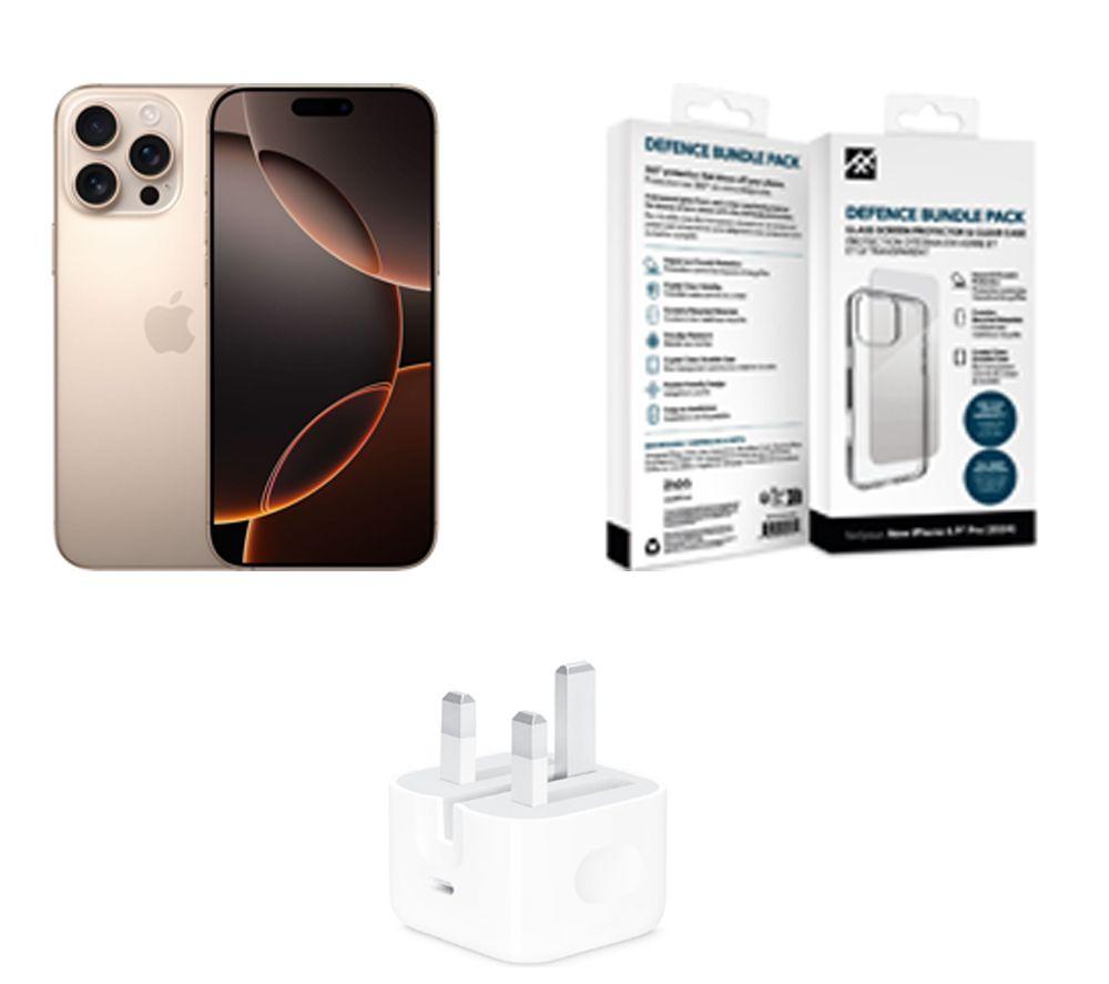 APPLE iPhone 16 Pro Max (256 GB, Desert Titanium), 20 W USB Type-C Power Adapter, Case & Screen Protector Bundle