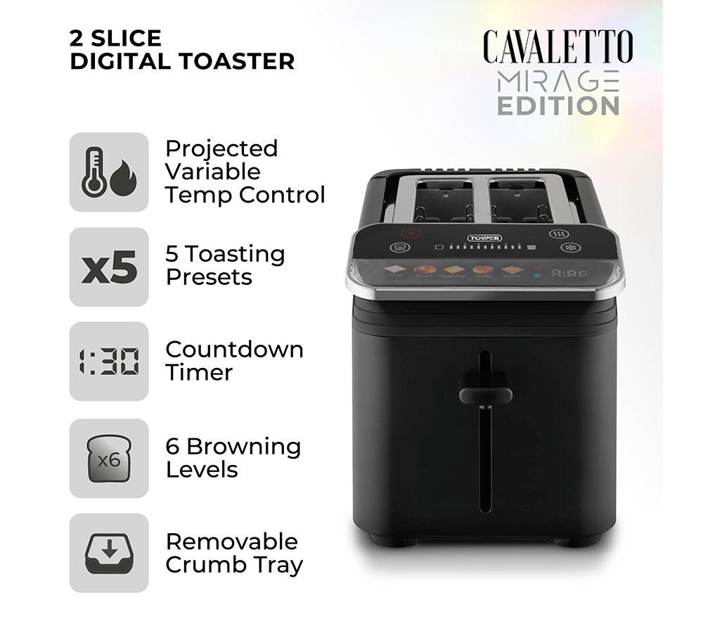 TOWER Cavaletto Mirage T20096BLK 2-Slice Toaster - Black image number 2 of 9