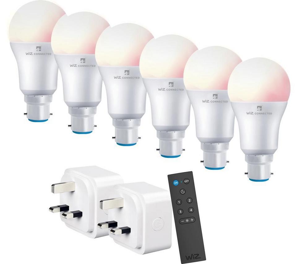 4LITE Wiz Connected Smart Lighting Starter Kit with 6 x B22 RGBW Bulbs, Remote & 2 x Plugs