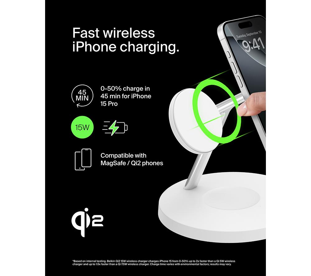 BELKIN BoostCharge Pro Qi2 3-in-1 Magnetic 15 W Wireless Charging Stand - White image number 6 of 8