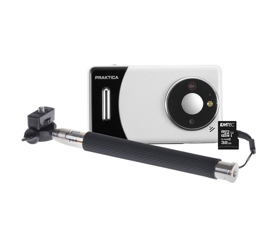 PRAKTICA DZ13 Compact Camera, 32 GB MicroSD Card & Selfie Stick Bundle - White & Black