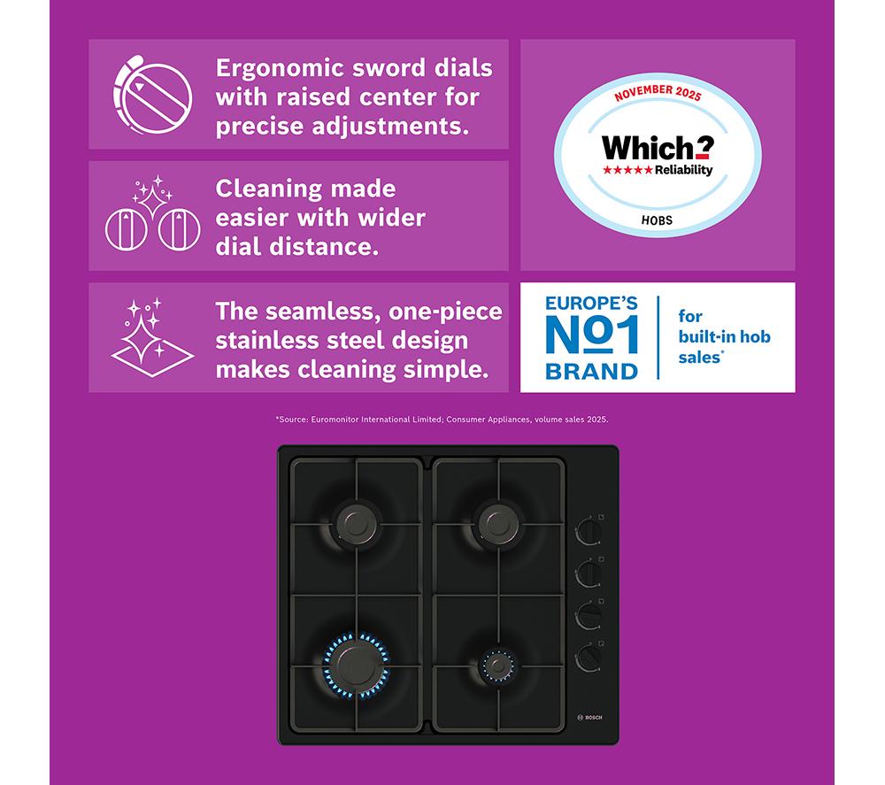 BOSCH Series 2 PBP6B6K60 60 cm Gas Hob - Black image number 2 of 9