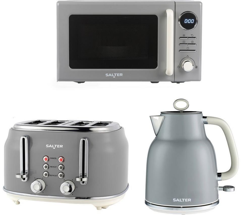 SALTER Retro Combo-9364 4-slice Toaster, Jug Kettle & Solo Microwave Bundle - Grey