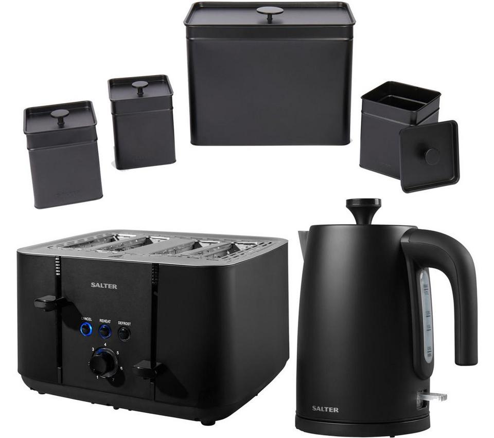 SALTER Kuro COMBO-8859 4-Slice Toaster, Jug Kettle, Canisters & Bread Bin Bundle - Black