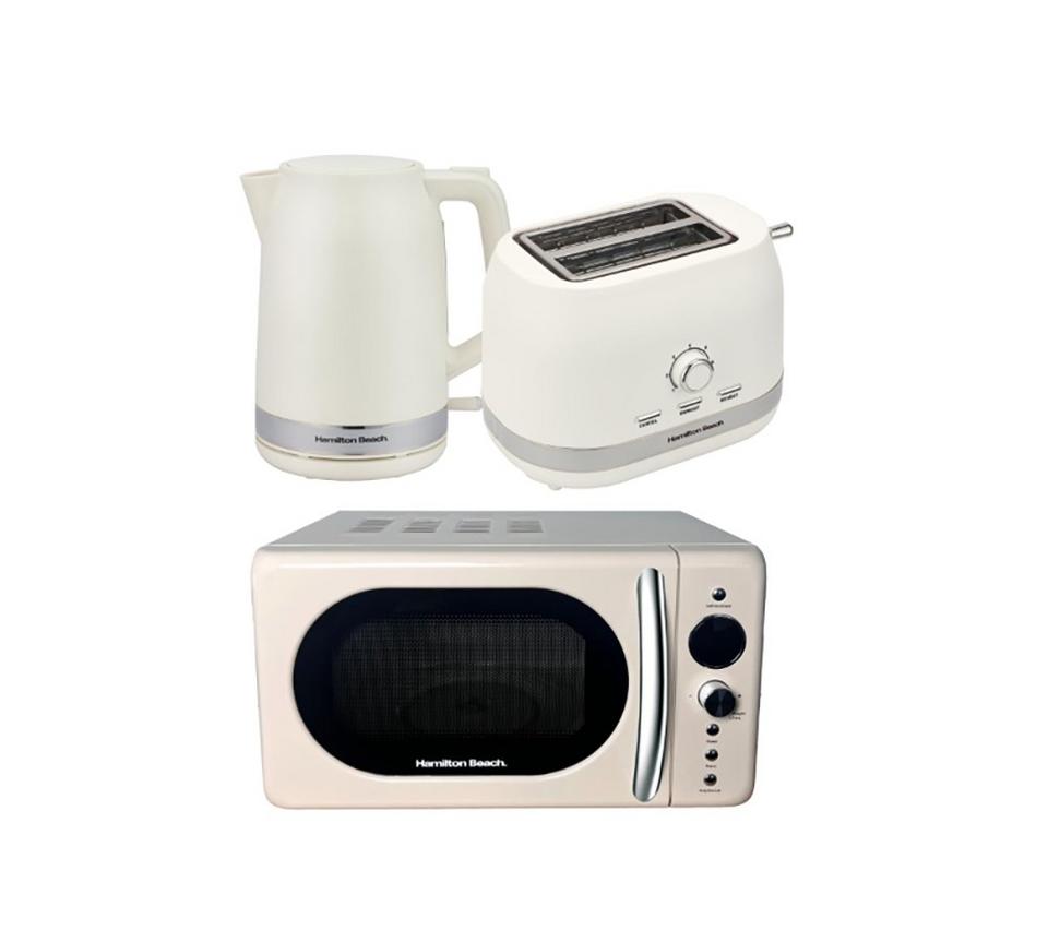 HAMILTON BEACH Ella Compact Solo Microwave, Electric Kettle & 2-Slice Toaster Set - Latte