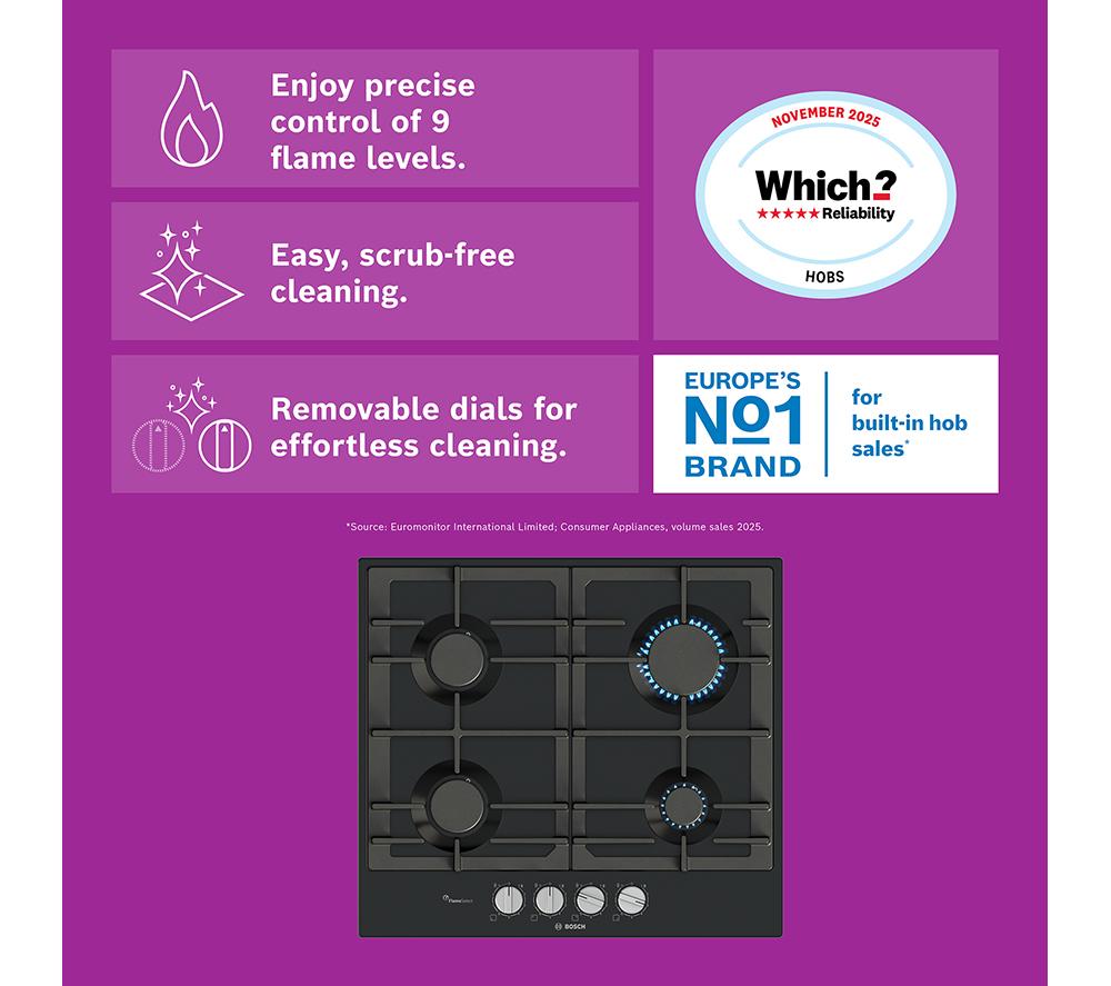BOSCH Series 6 PCP6A6I90 60 cm Gas Hob - Black image number 2 of 11
