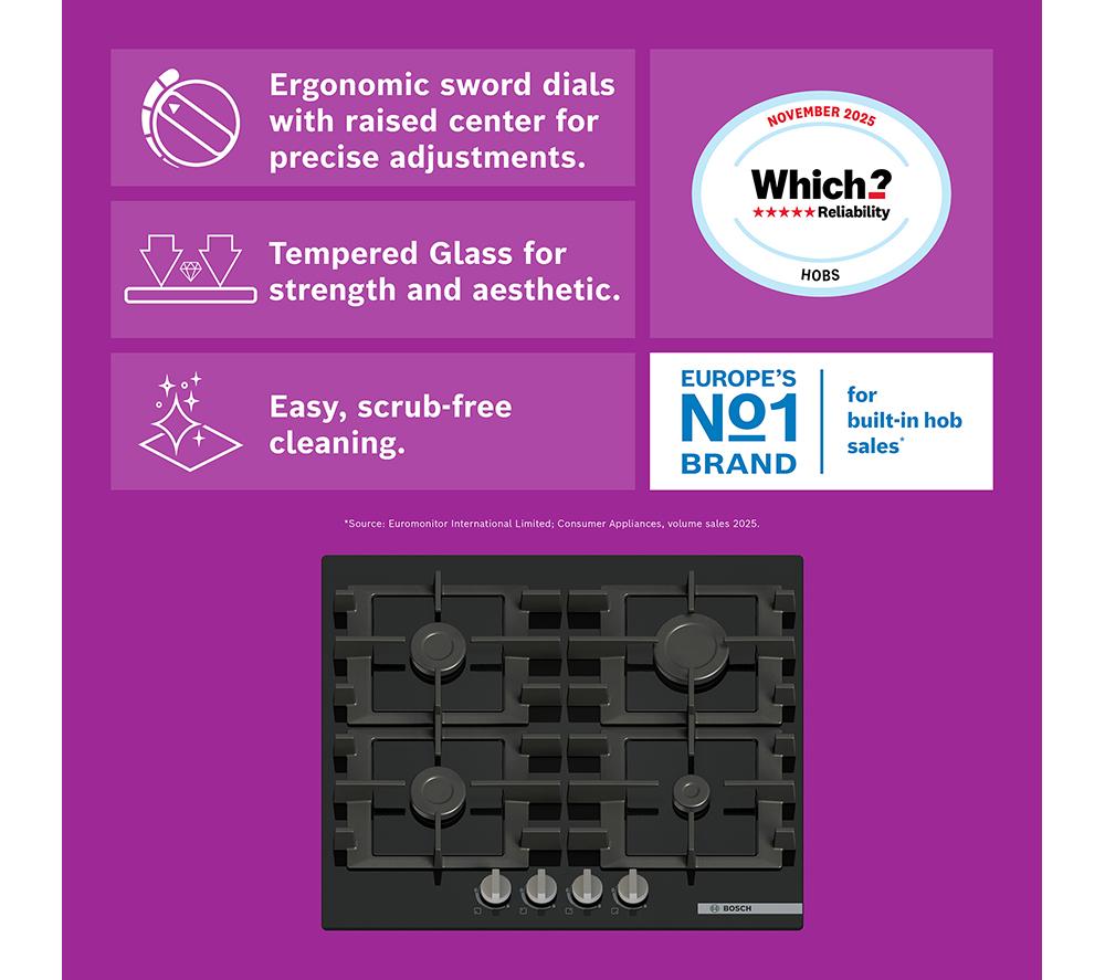 BOSCH Series 4 PNP6B6K40 60 cm Gas Hob - Black image number 2 of 8