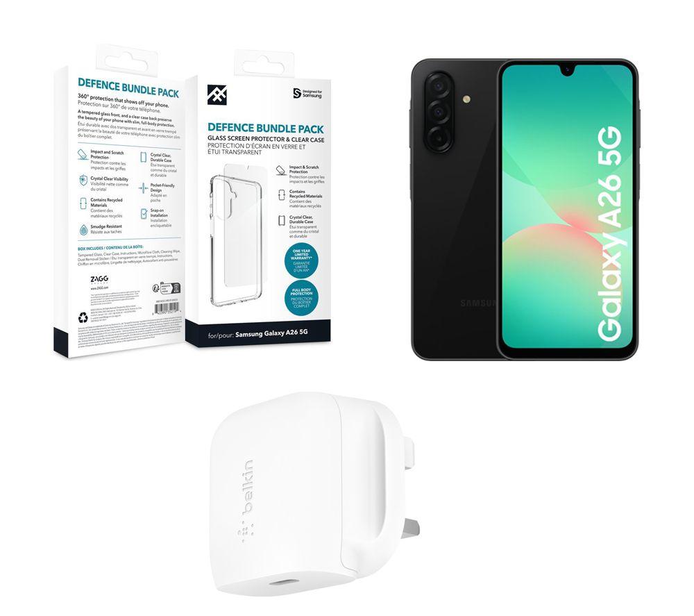 SAMSUNG Galaxy A26 5G (256 GB, Black), Defence Clear Case, Screen Protector & 20 W Fast Charger Bundle