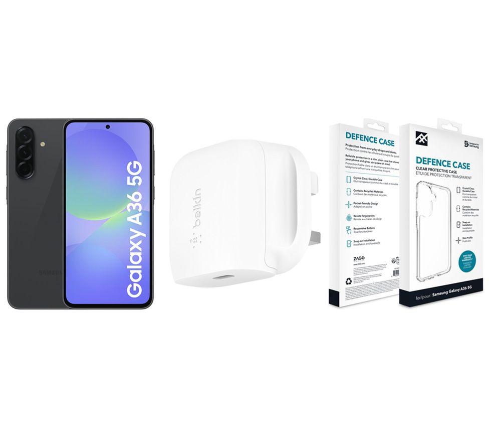 SAMSUNG Galaxy A36 5G (256 GB, Black), Defence Clear Case & 20W Fast Charger Bundle