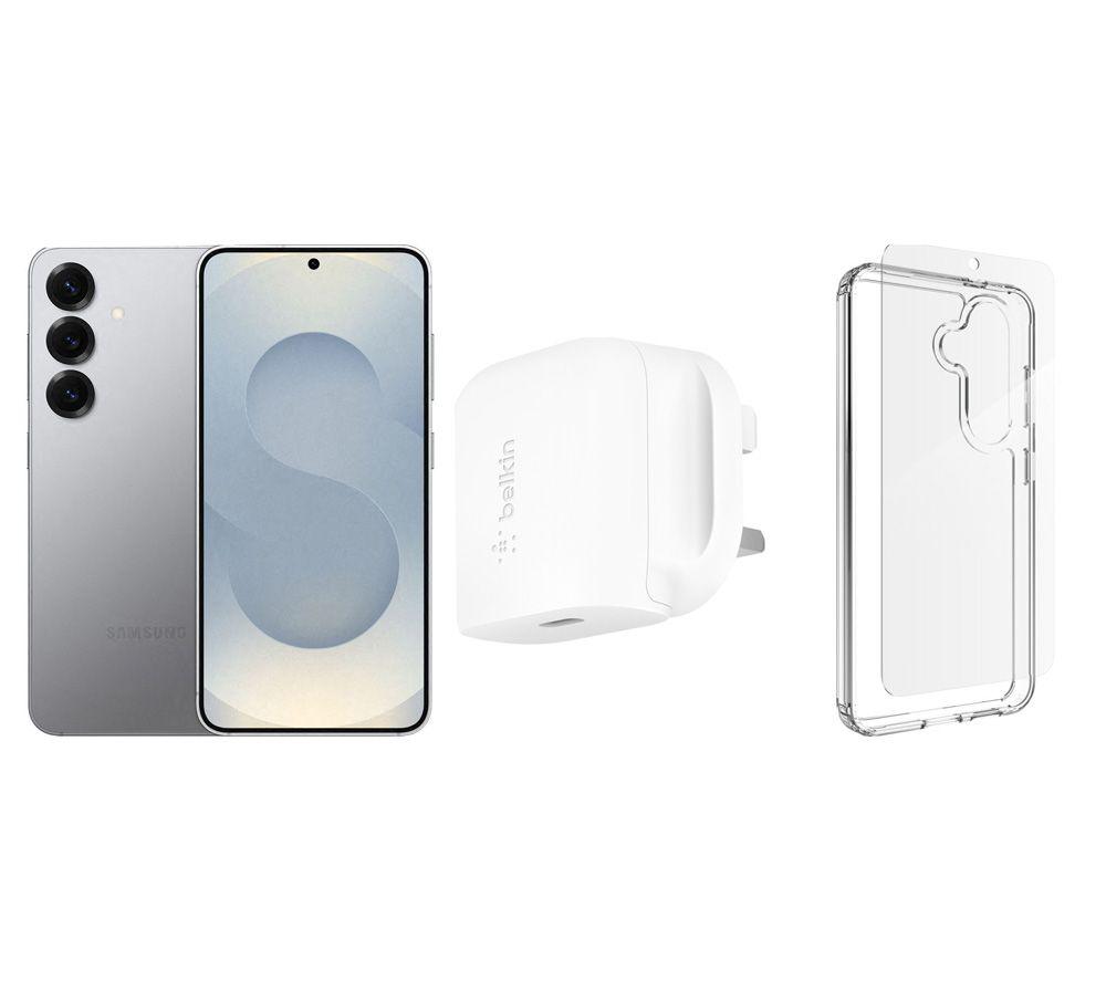 SAMSUNG Galaxy S25 (128 GB, Silver Shadow), Clear Case and Screen Protector & 20W Fast Charger Bundle