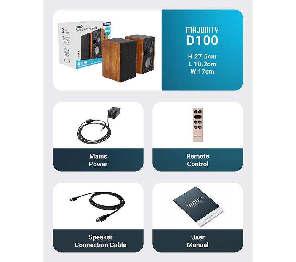 MAJORITY D100 Bluetooth Bookshelf Speakers - Black & Wood image number 7 of 8
